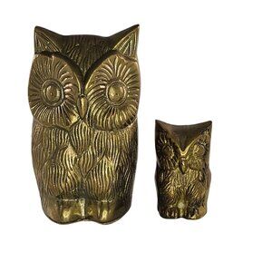 Vintage Brass Owl Figurines Set of 2 Mom Baby Small and Large Rustic Decor Colle